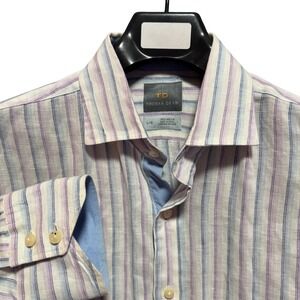 Thomas Dean Mens Linen Shirt Striped Long Sleeve Button Up Size Large L